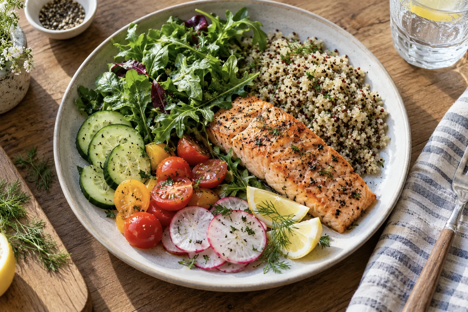 Balanced plate with grilled salmon, leafy greens, quinoa and fresh vegetables