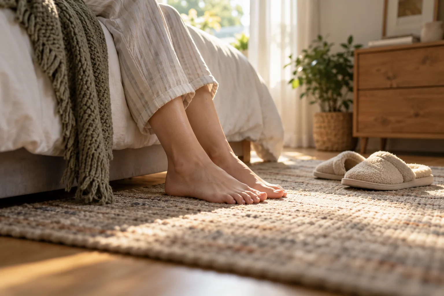 Bare feet resting on a woven rug beside a bed in soft morning light, slippers nearby