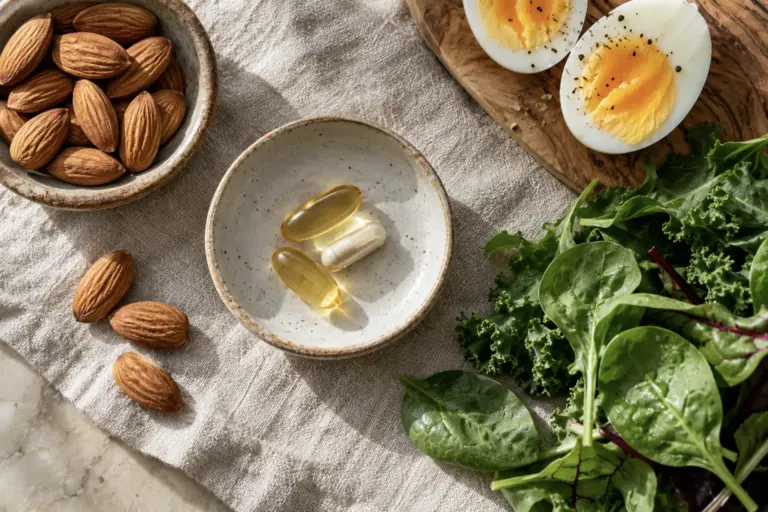 A few capsules in a ceramic dish beside almonds, a boiled egg and leafy greens