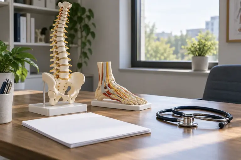 Doctor's desk with an anatomical spine and foot model, stethoscope and blank paper