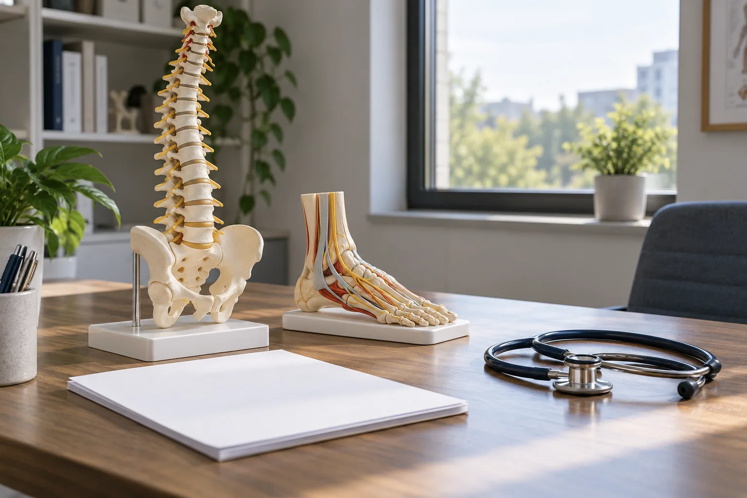 Doctor's desk with an anatomical spine and foot model, stethoscope and blank paper