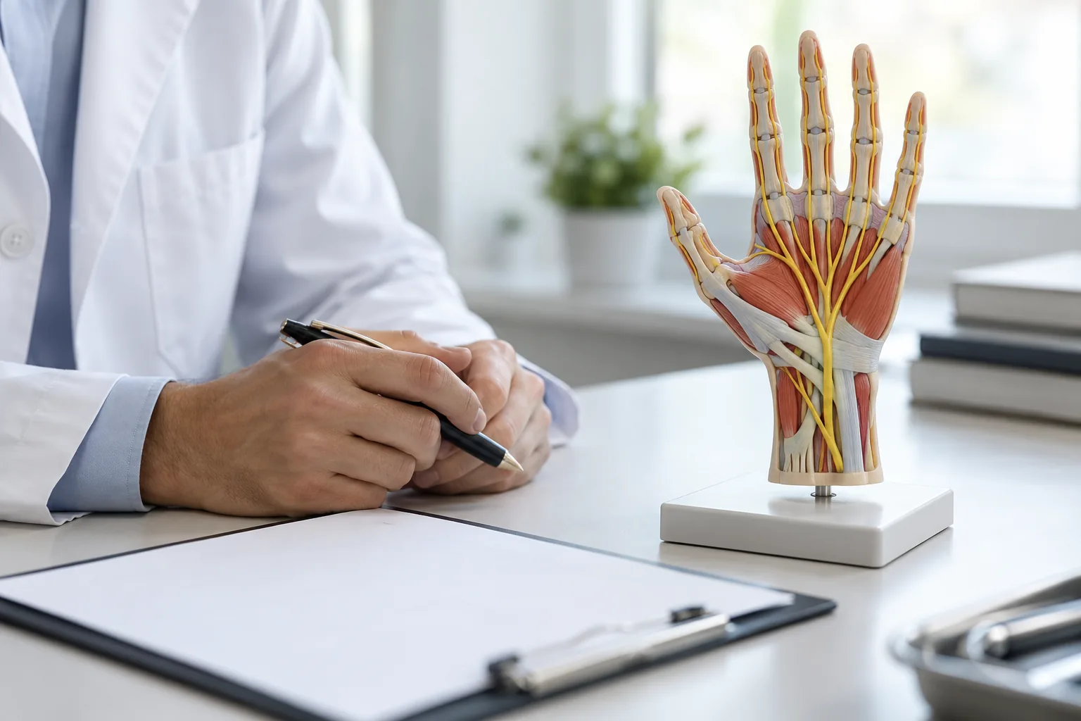 Doctor writing beside an anatomical hand model showing nerves on a clinic desk