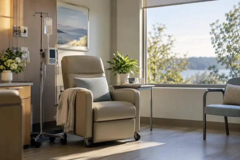 Calm empty clinic room with a reclining armchair, IV pole and window light