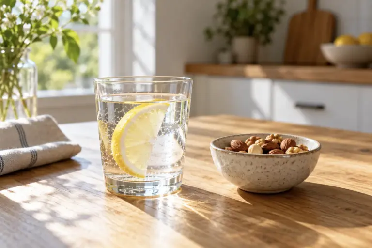Glass of lemon water and a bowl of mixed nuts on a sunlit kitchen table