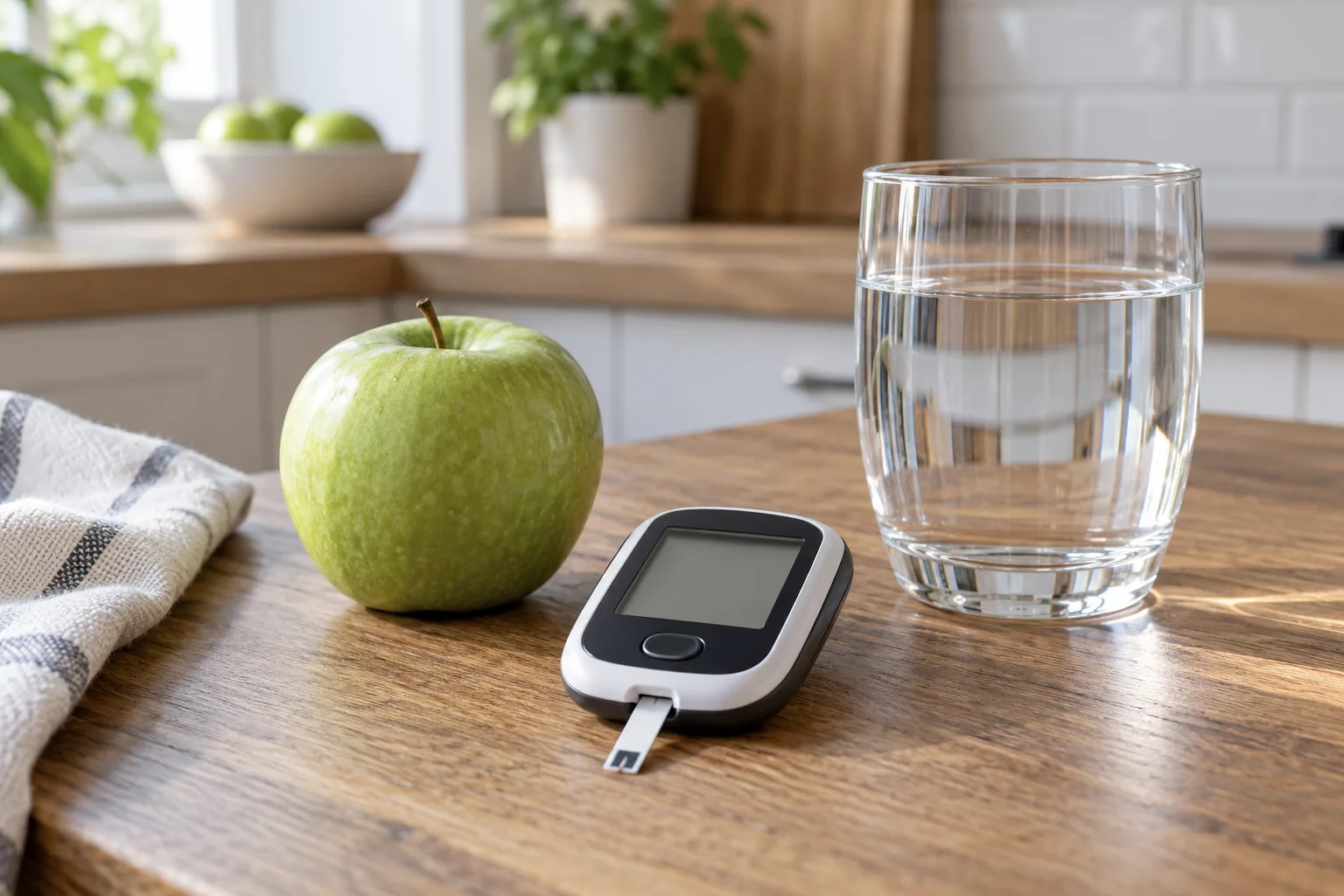 Glucose meter, green apple and glass of water on a sunlit kitchen table