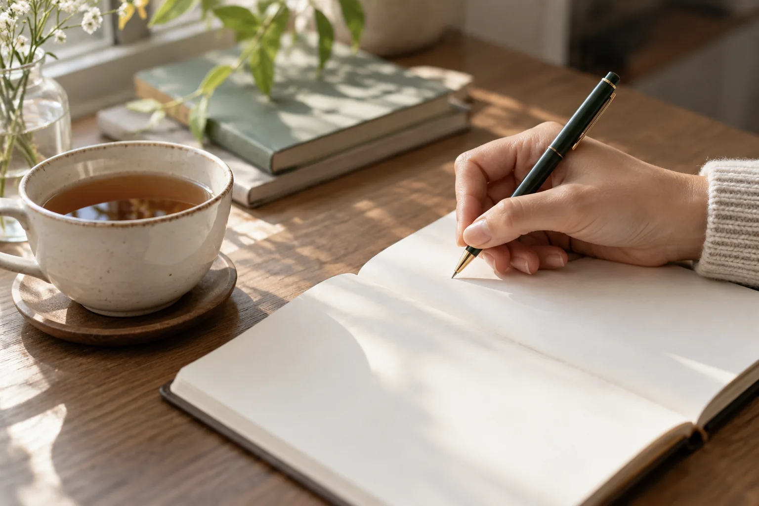 Hand writing in a blank notebook beside a cup of tea at a tidy desk