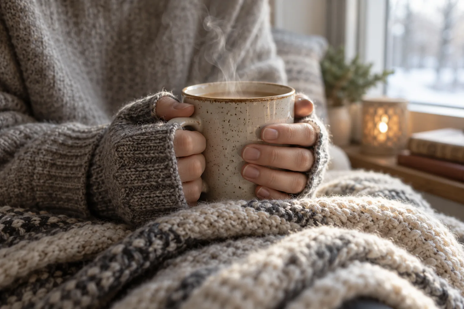 Hands in wool fingerless gloves holding a steaming mug over a knitted blanket