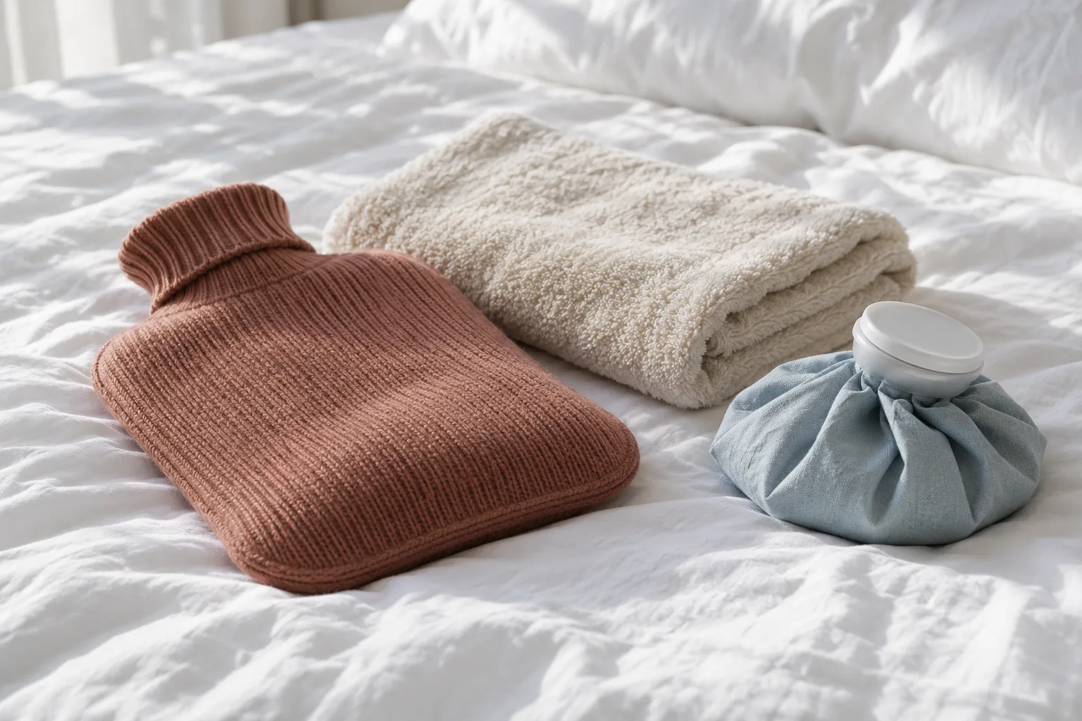 Hot water bottle, warm towel and a cloth-wrapped cold pack on white bed linen