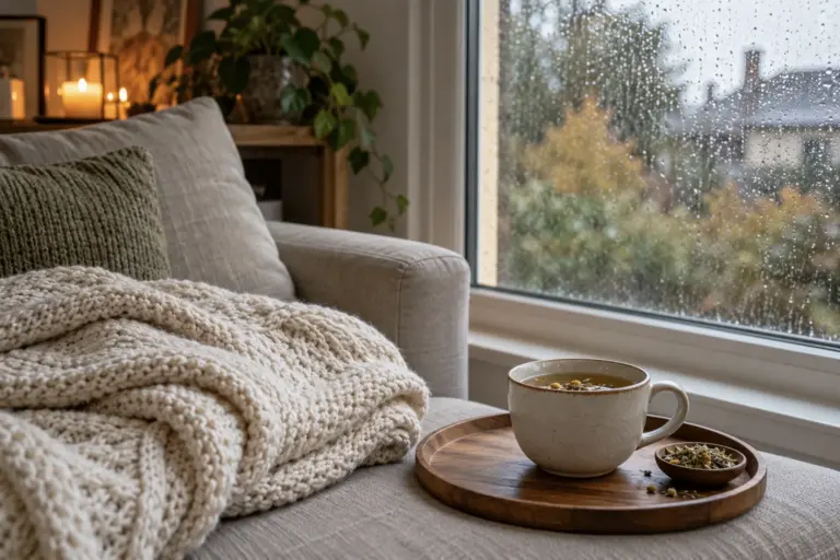 Cream knit blanket and a cup of herbal tea on a sofa by a rainy window