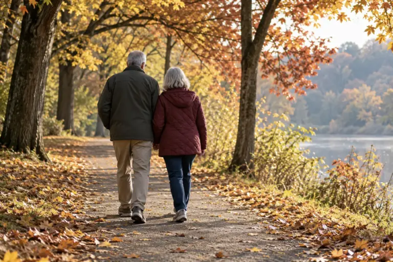 Older couple walking on a tree-lined park path in autumn, seen from behind