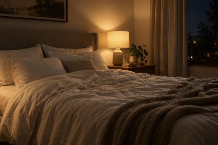 Quiet bedroom at night with a lit bedside lamp and rumpled white sheets