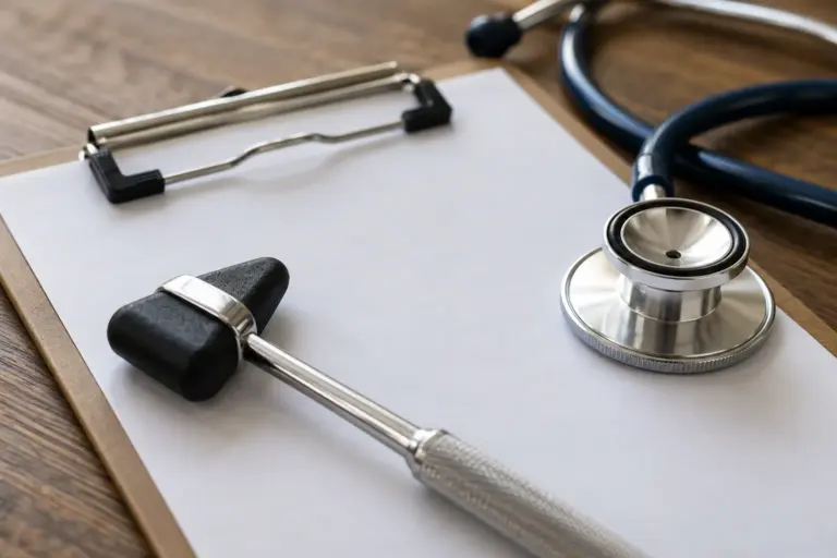 Reflex hammer, stethoscope and blank clipboard on a wooden table