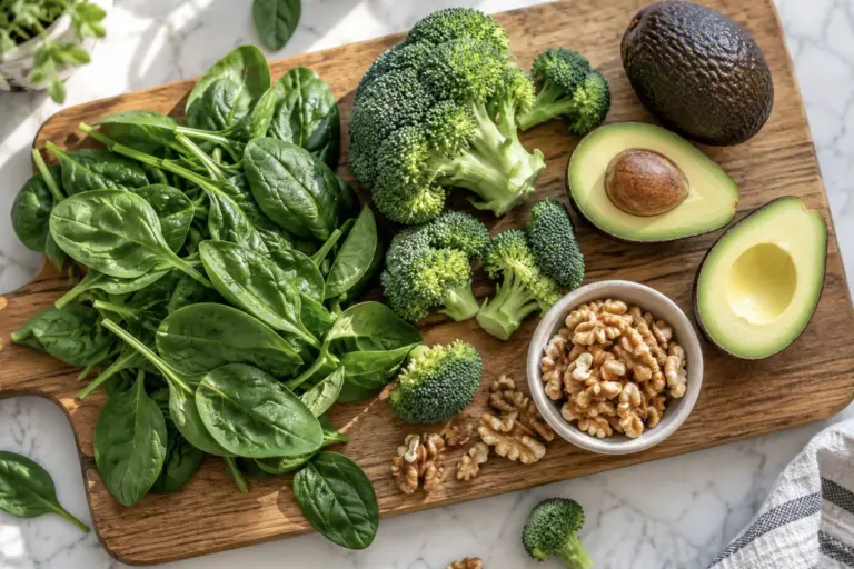 Spinach, broccoli, avocado and walnuts on a wooden cutting board