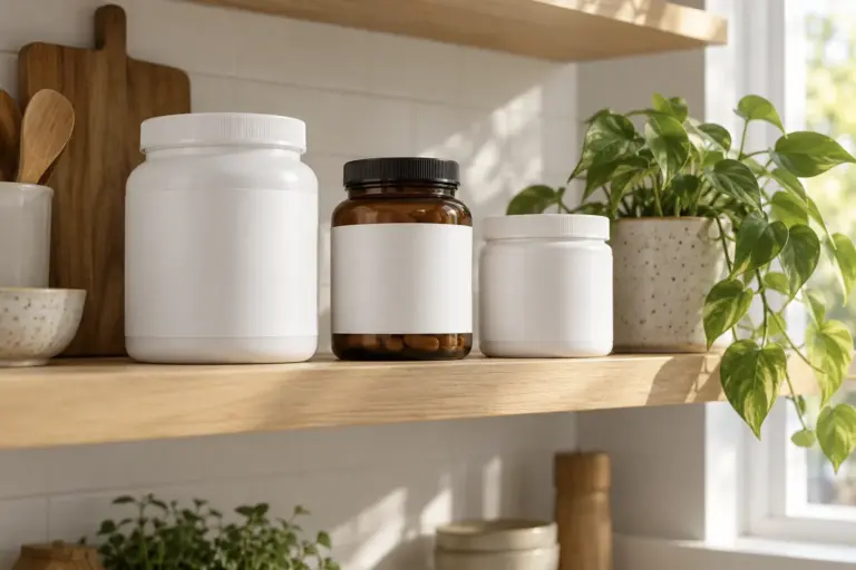 Three plain unlabeled supplement jars on a light wooden kitchen shelf beside a plant