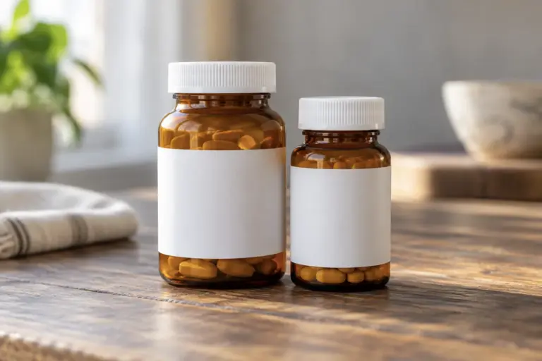 Two plain amber pill bottles with blank labels on a wooden table