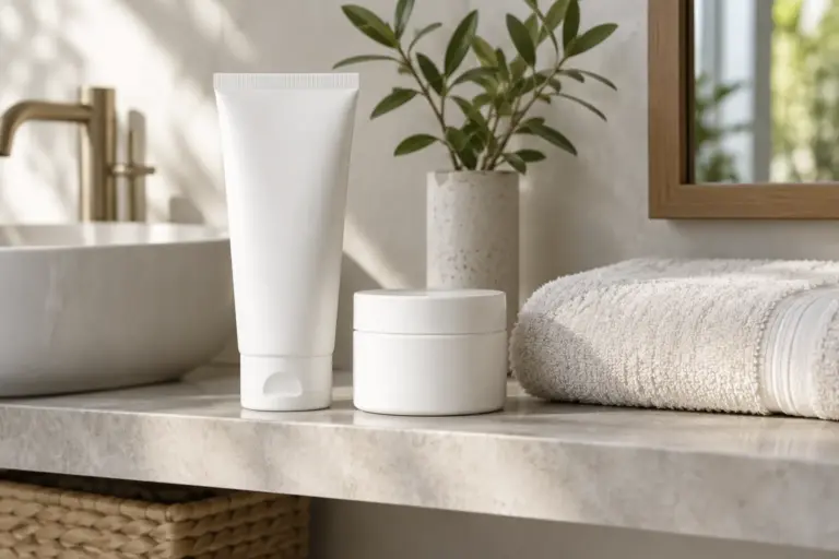 Plain white cream tube and jar on a bathroom shelf beside a folded towel
