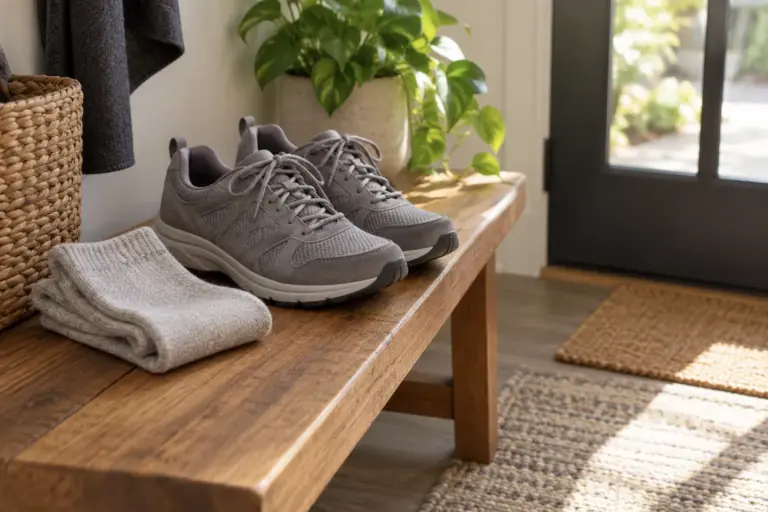 Grey walking shoes and folded soft socks on a wooden bench by the front door