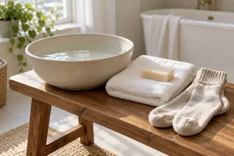 Basin of warm water, folded towel, plain soap and cotton socks on a wooden bench
